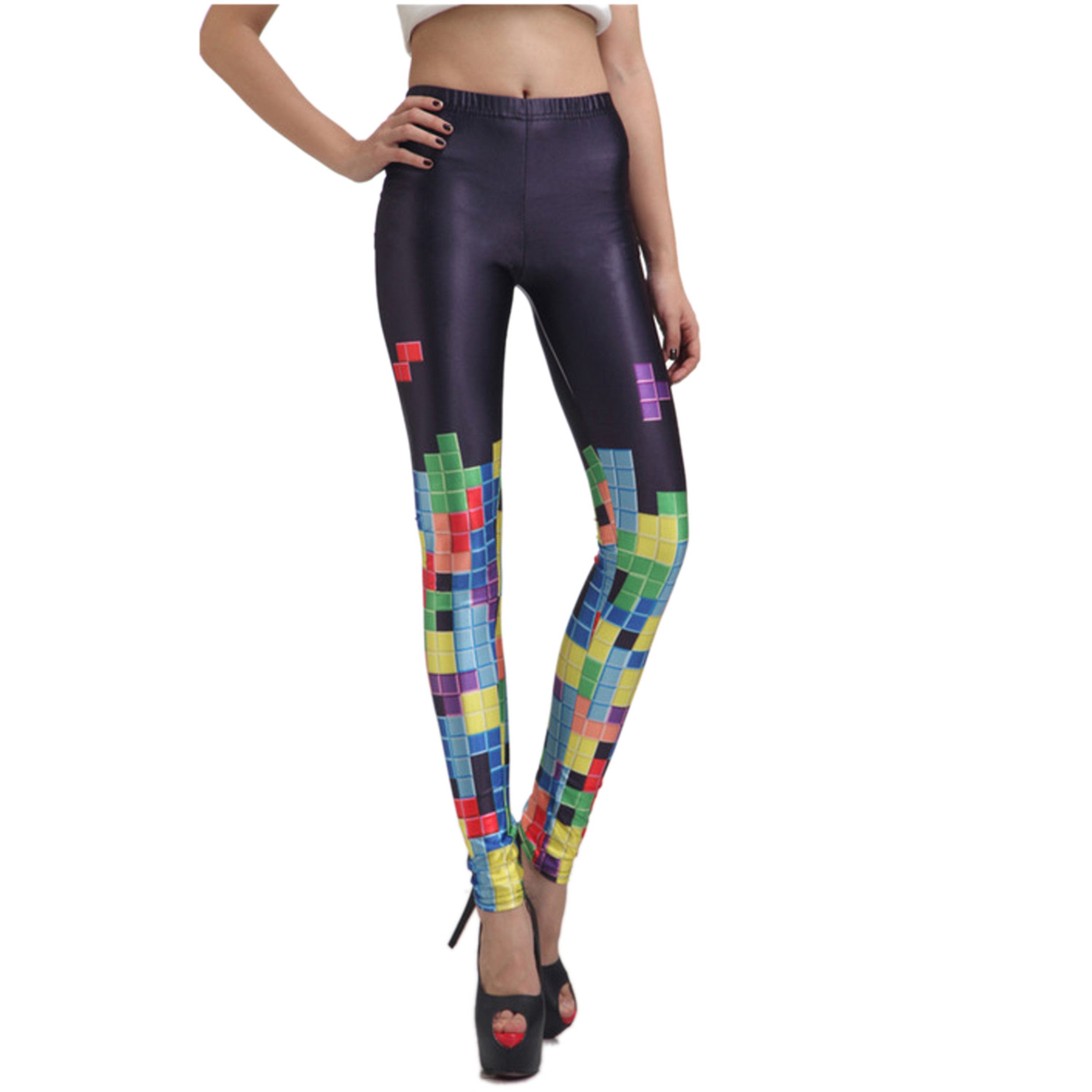 Rubberfashion Leggings Damen Tetris - Sexy Bedruckte Print Leggins Muster Strumpfhose Bunte Glanz Hüft Stretch Hose mit Aufdruck Legging für Frauen